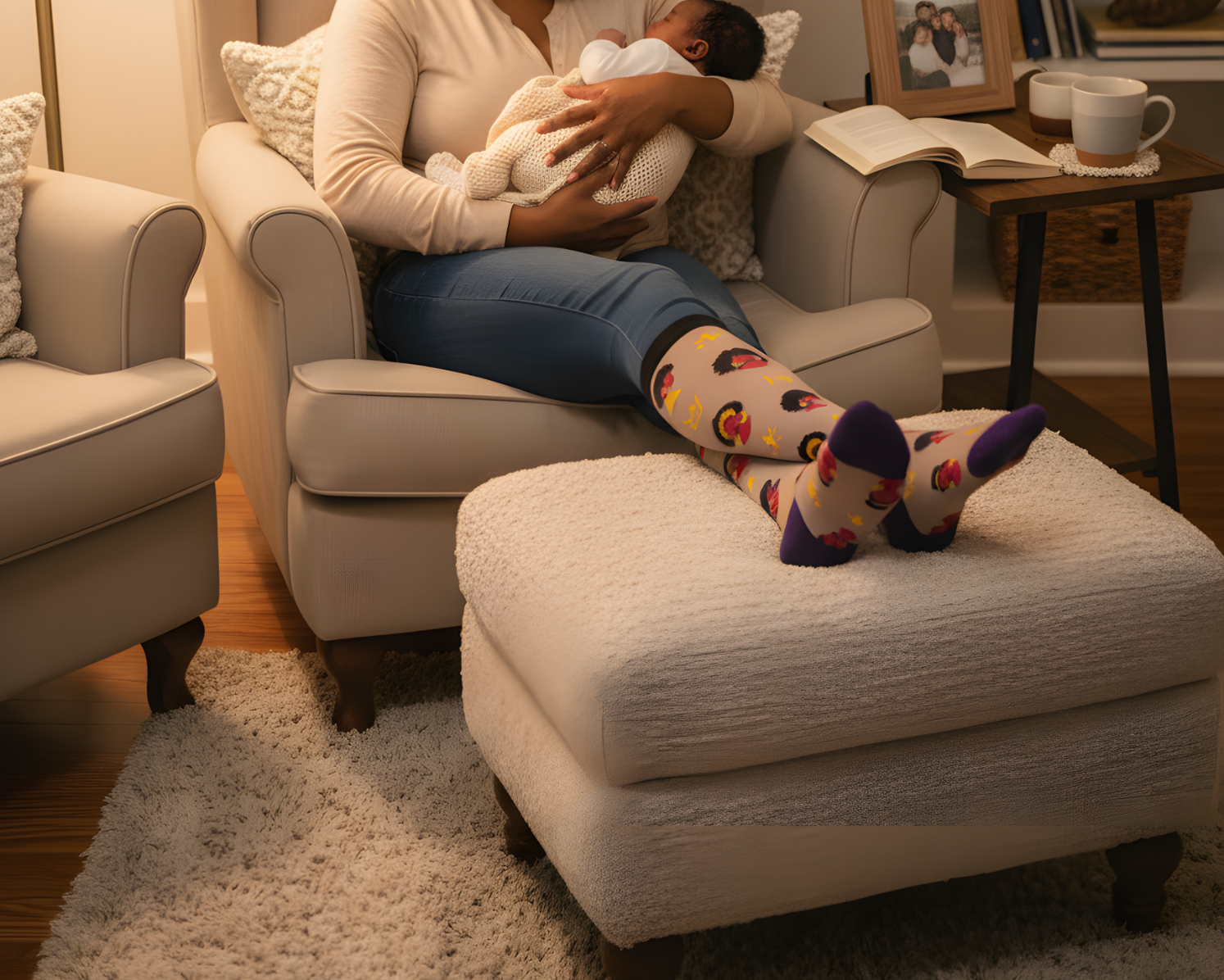 Woman holding a baby in a cozy living room with a lamp and bookshelf in the background.