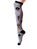 Melanin Monarch Charcoal knee-high compression sock, full leg view, charcoal gray and gold design