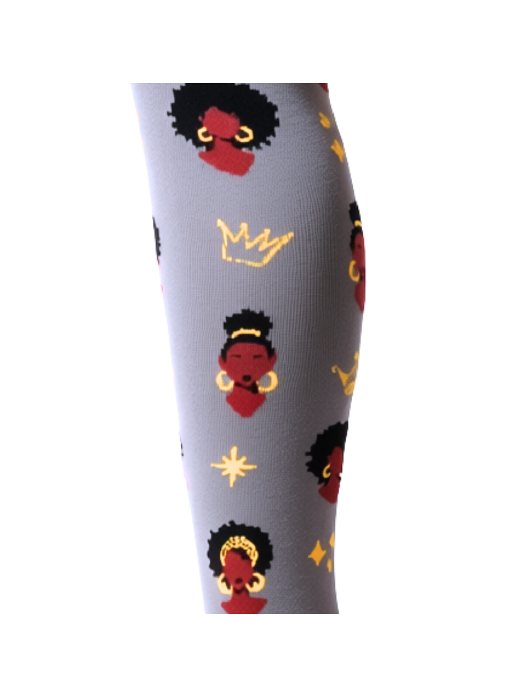 Melanin Monarch Charcoal compression sock, mid-calf view showing charcoal and gold pattern