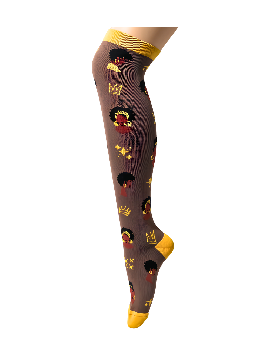 Melanin Monarch Cocoa knee-high compression sock, full leg view, cocoa and gold afro silhouette design