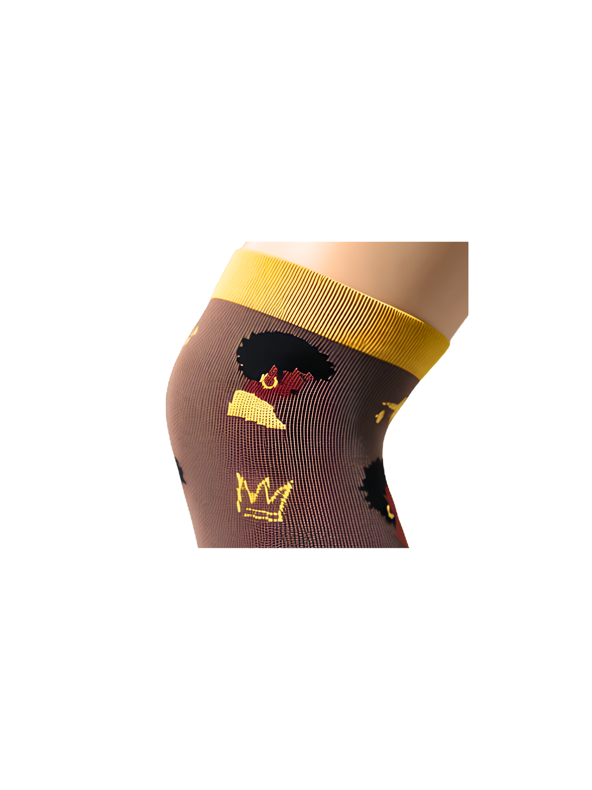 Melanin Monarch Cocoa compression sock cuff close-up, gold afro silhouette and earring detail