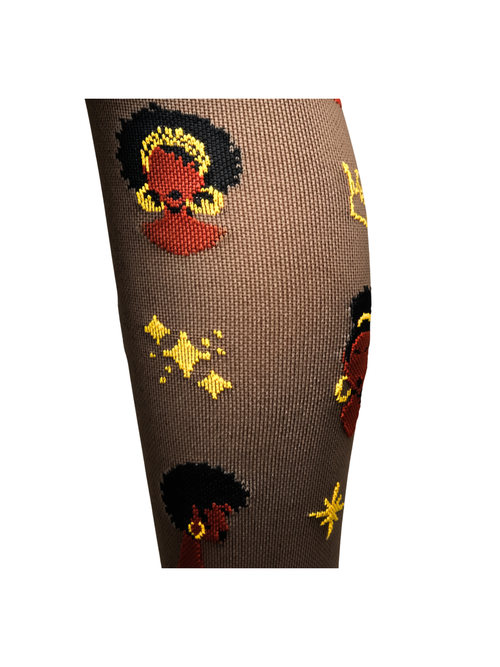 Melanin Monarch Cocoa compression sock, mid-calf view showing cocoa and gold pattern detail