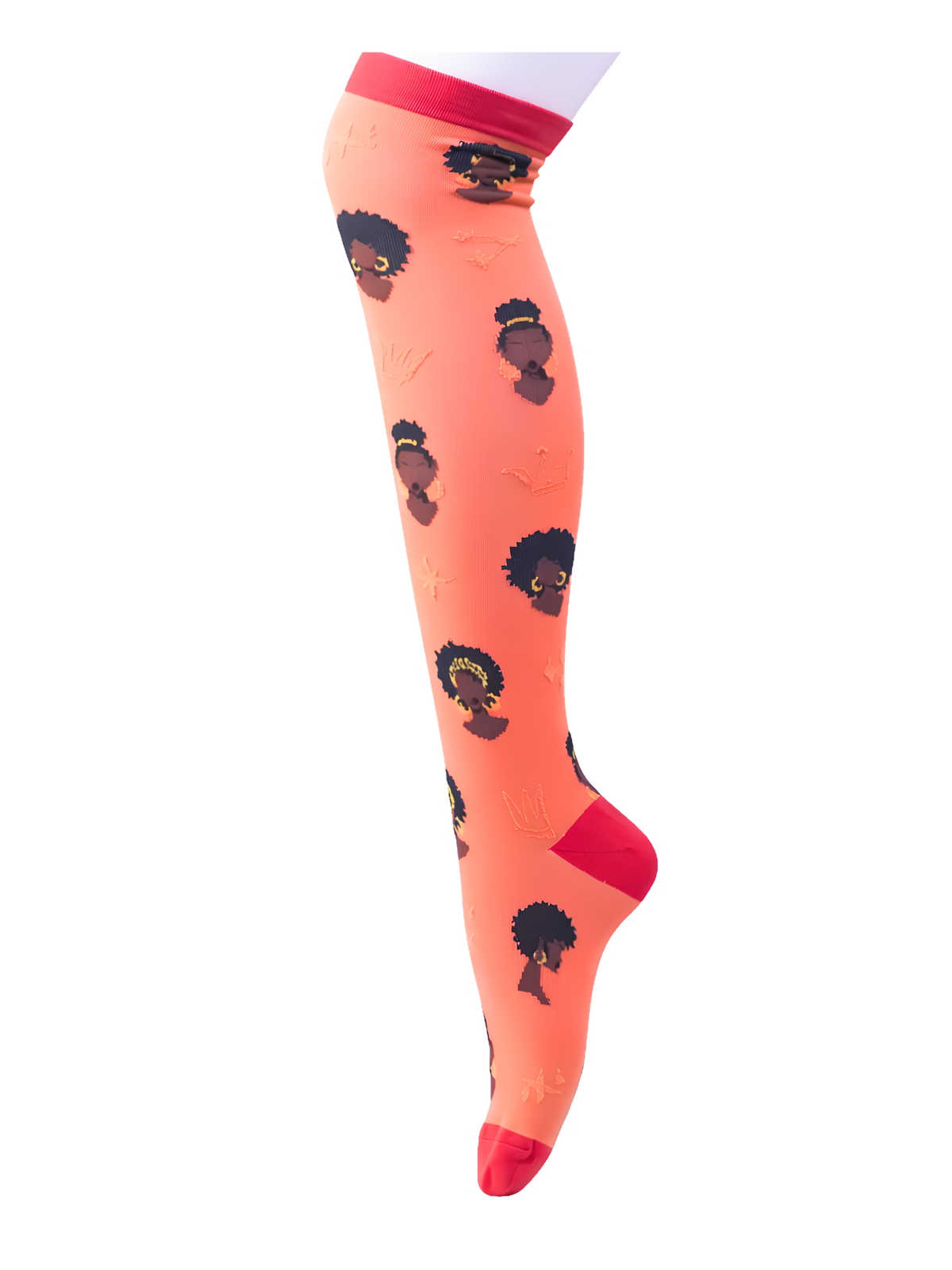 Melanin Monarch Ember knee-high compression sock, full leg view, burnt orange and gold design