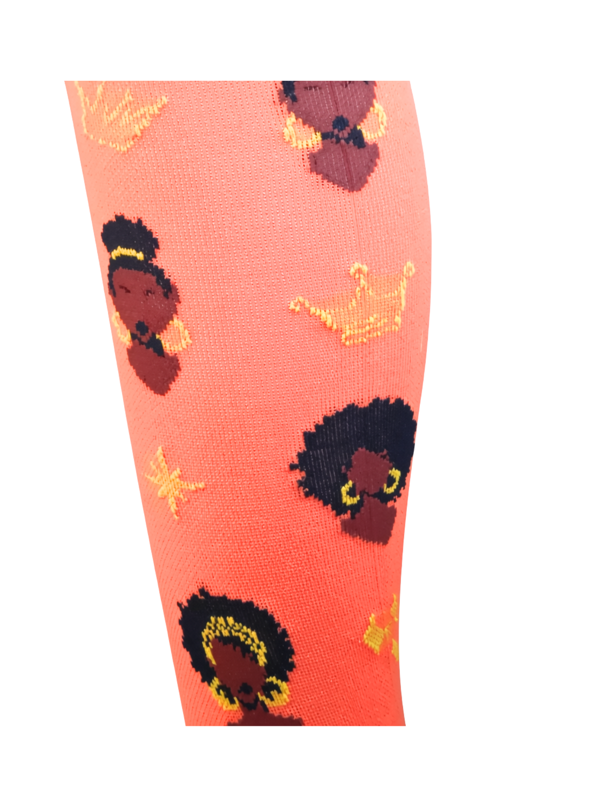 Melanin Monarch Ember compression sock, mid-calf view showing burnt orange and gold pattern
