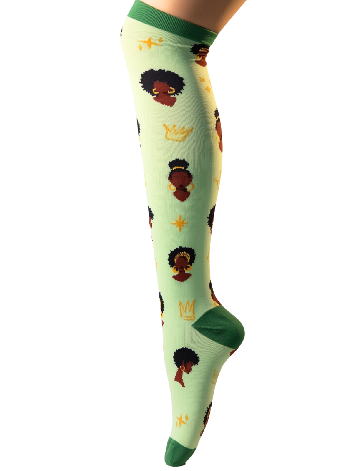 Melanin Monarch Mint knee-high compression sock, full leg view, mint and gold crown design