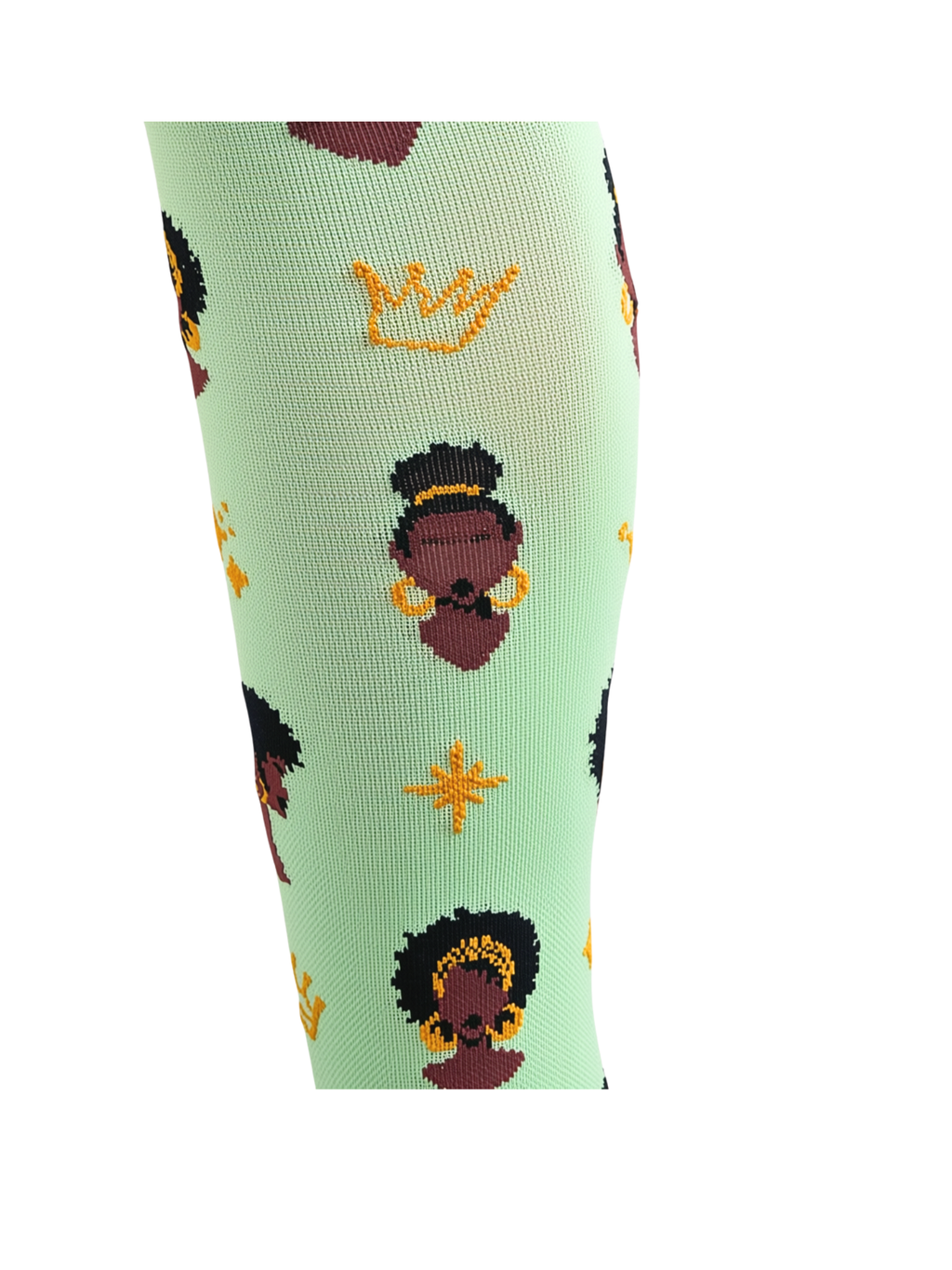 Melanin Monarch Mint compression sock, mid-calf view showing gold crown pattern