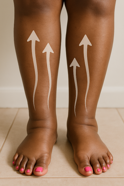 Woman stands with wollen feet and pink toes on a tan floor and background. There are arrows demonstrating flow on each of the legs pointing upward. 