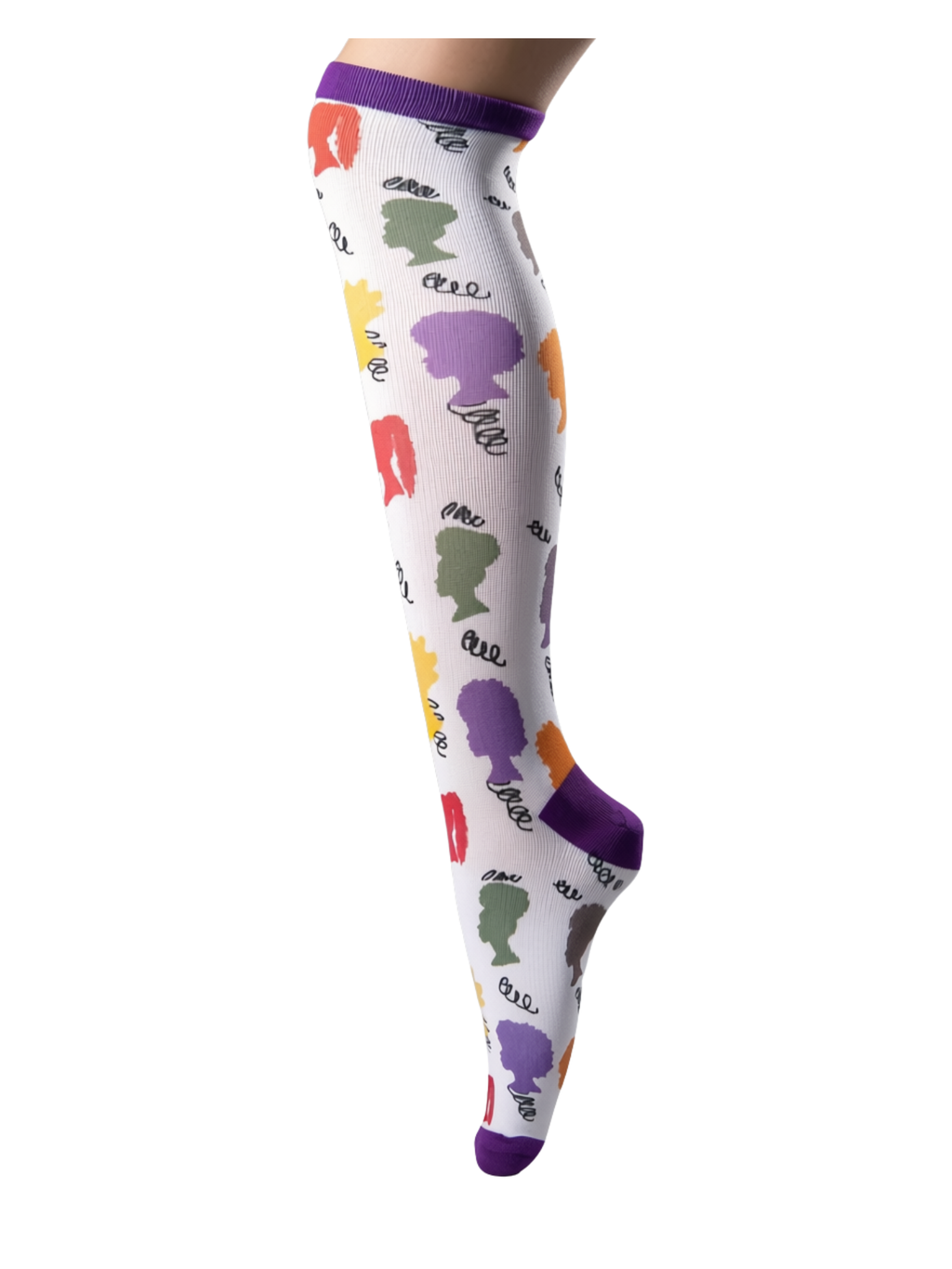 Curls & Crowns Royal Edition knee-high compression sock, full leg view, ivory, purple, orange, green and maroon pop-art silhouette design