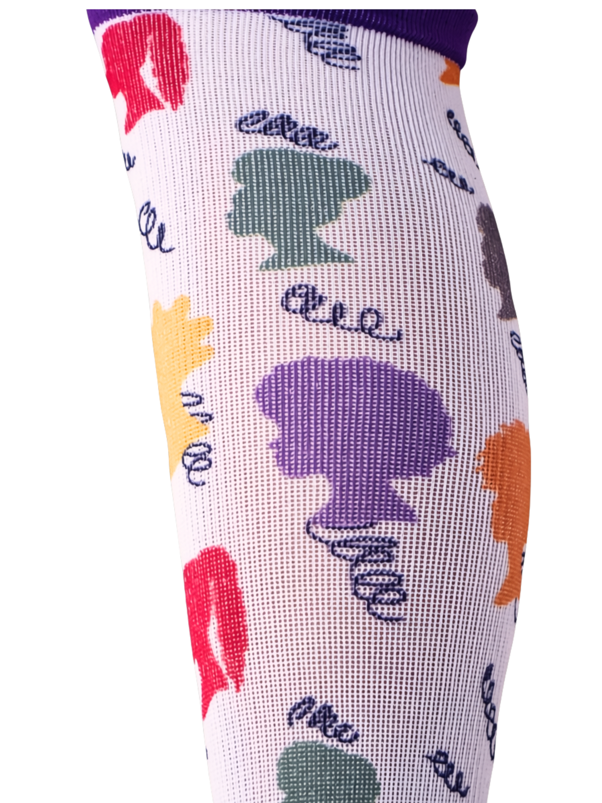 Curls & Crowns Royal Edition compression sock, mid-calf view showing bold pop-art color pattern