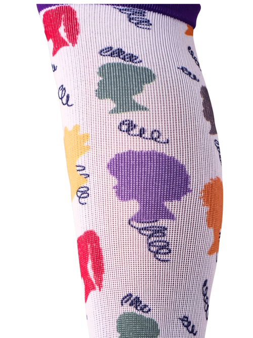 Curls & Crowns Royal Edition compression sock, mid-calf view showing bold pop-art color pattern