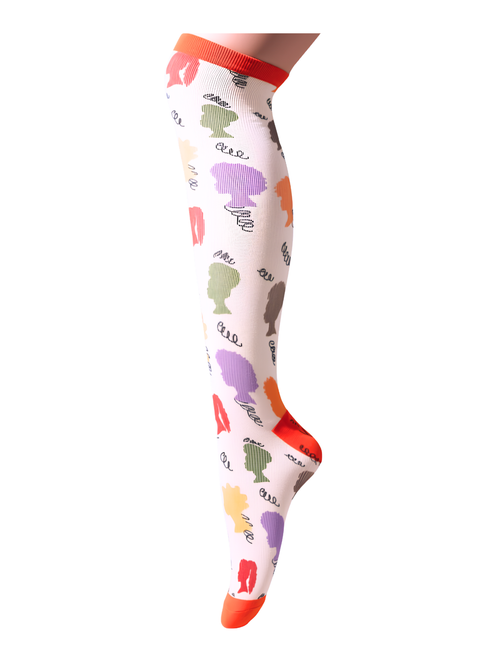 Curls & Crowns Spice Edition knee-high compression sock, full leg view, ivory, orange, plum and terracotta silhouette design